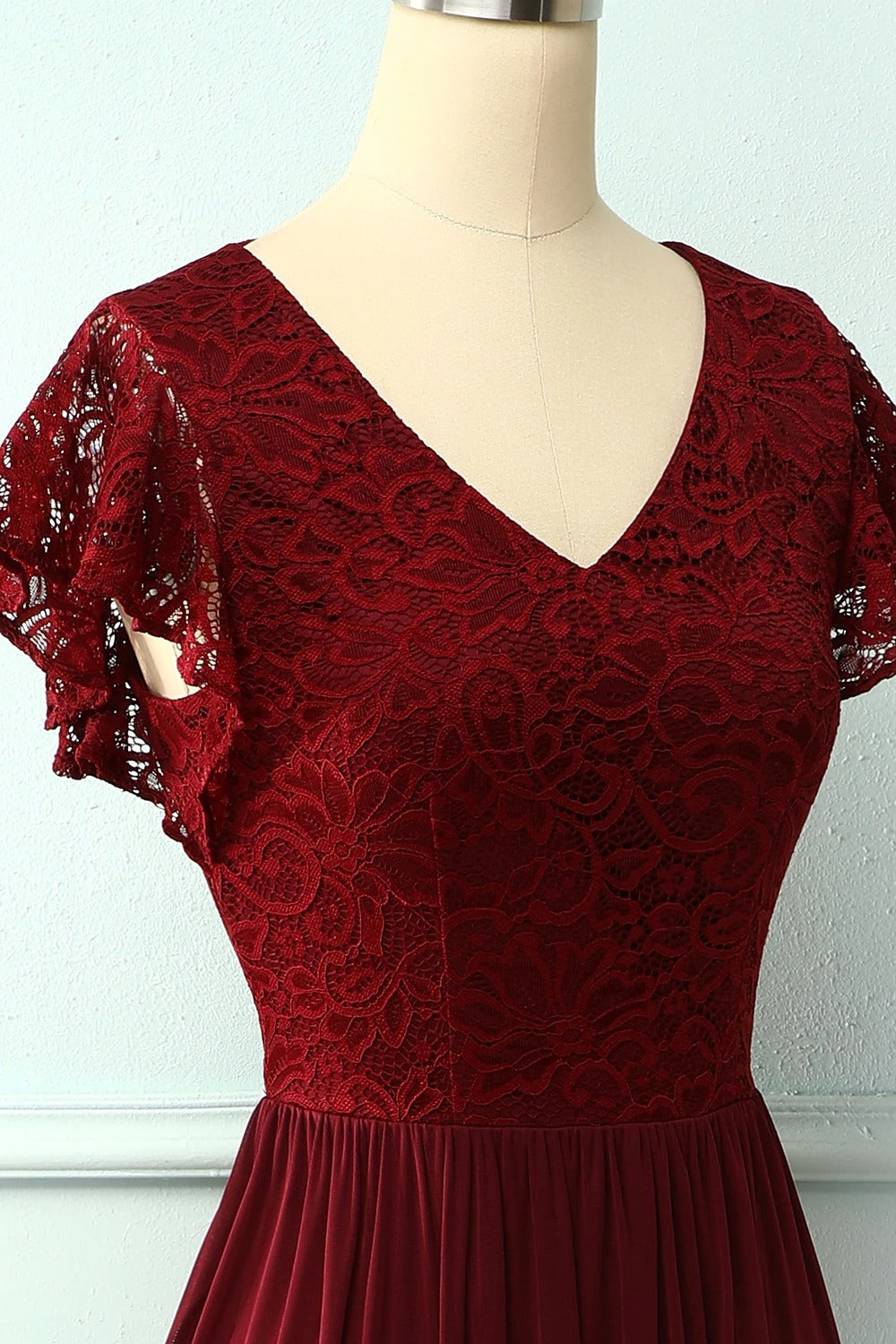 V Neck Burgundy Bridesmaid Dress with Flutter Sleeve
