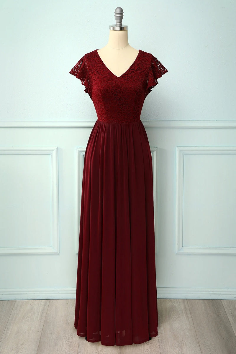 V Neck Burgundy Bridesmaid Dress with Flutter Sleeve
