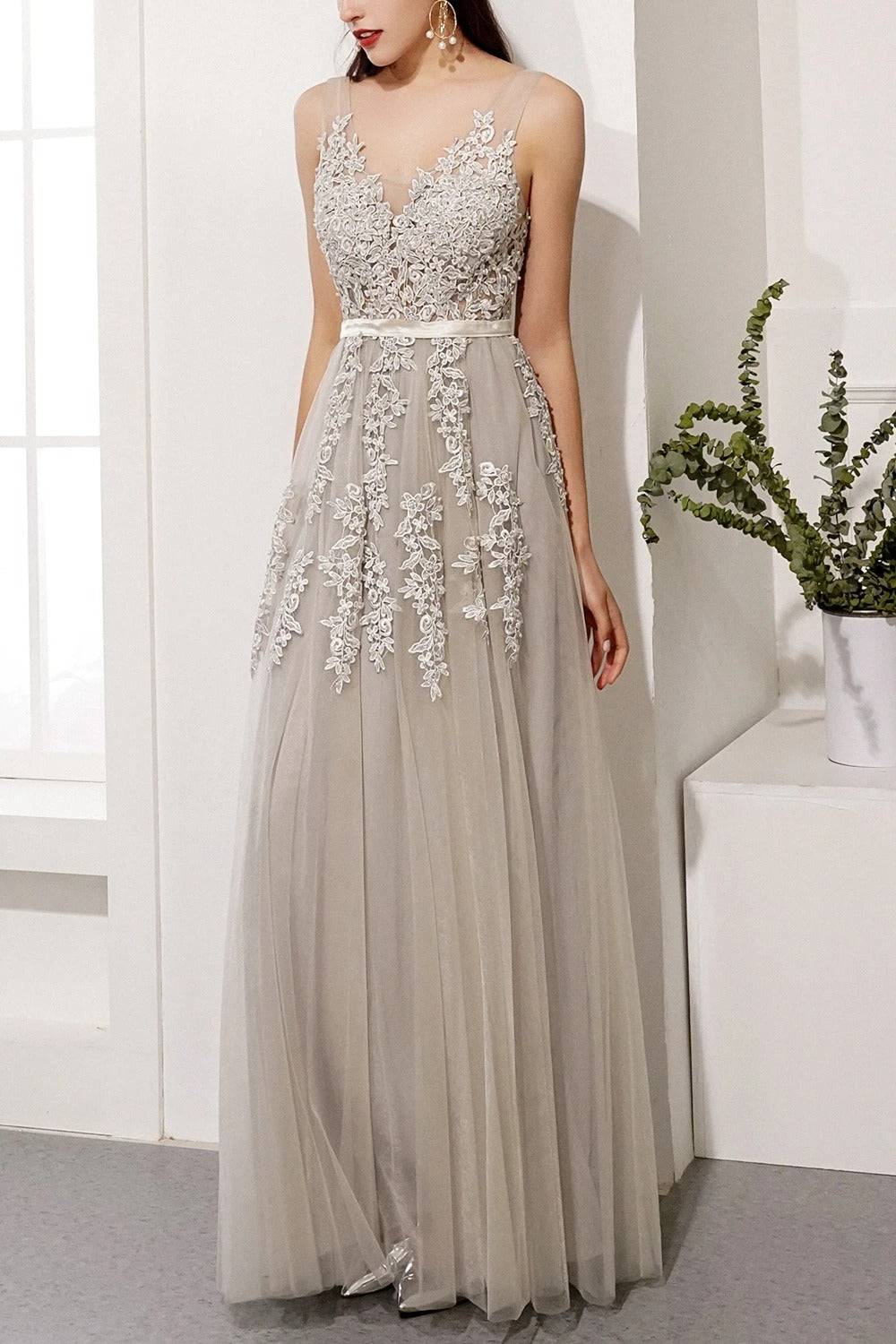 A-line Low V-Back Grey Bridesmaid Dress with Lace