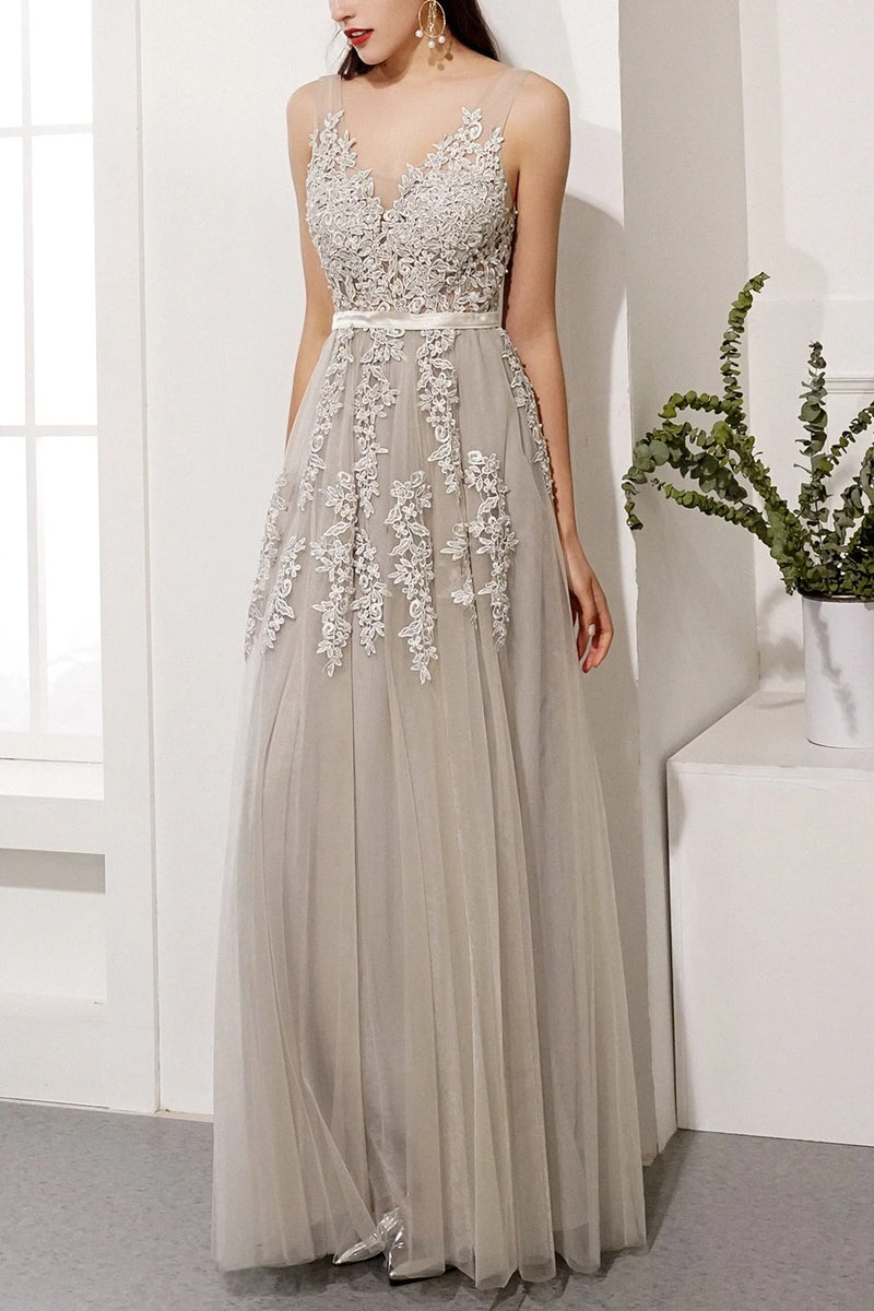 A-line Low V-Back Grey Bridesmaid Dress with Lace