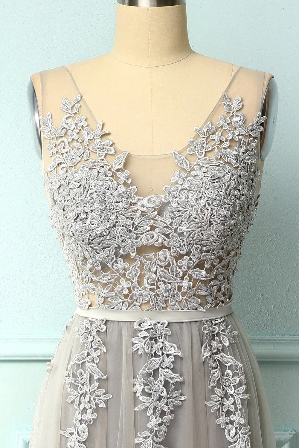 A-line Low V-Back Grey Bridesmaid Dress with Lace