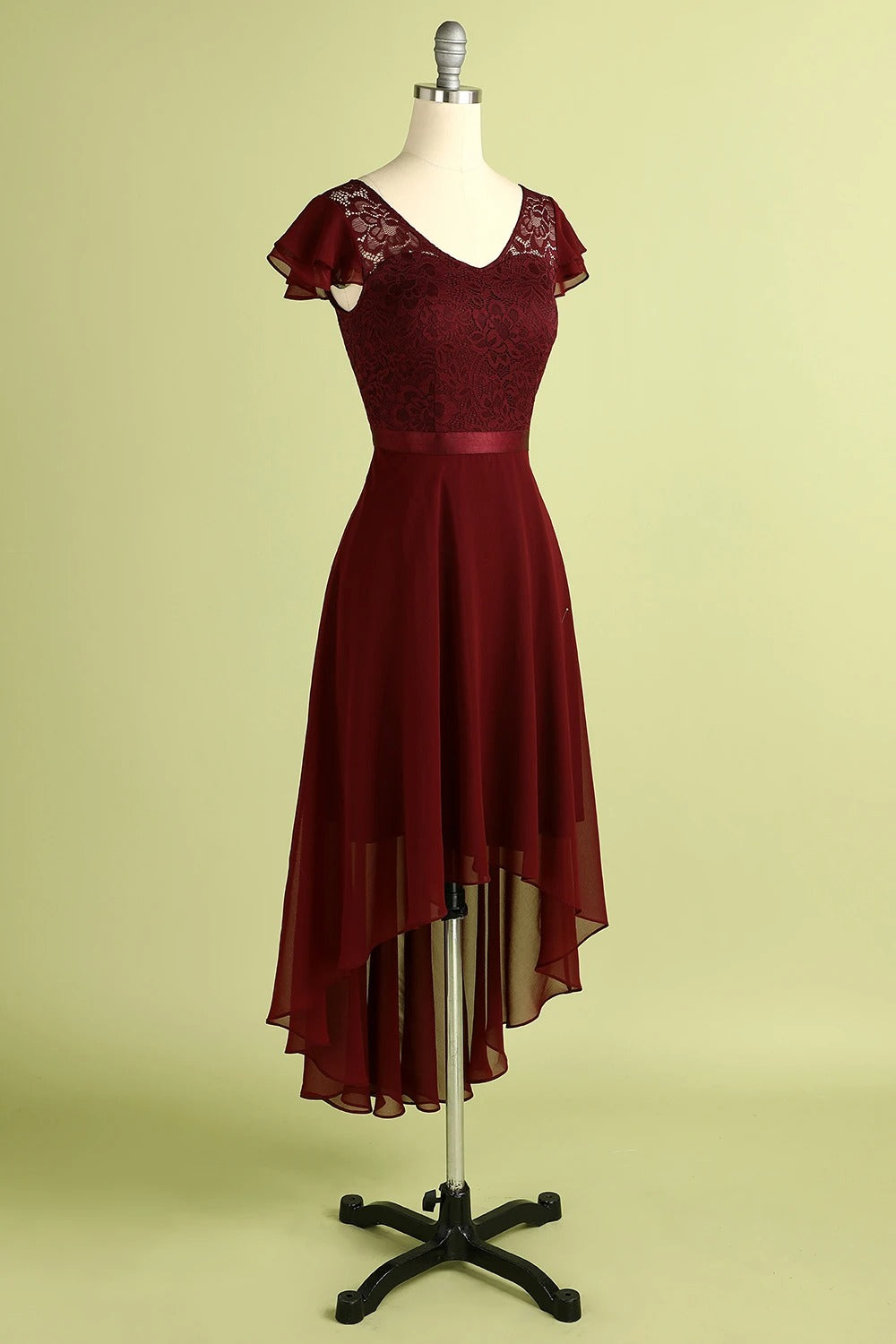 High Low Short Sleeves Burgundy Bridesmaid Dress