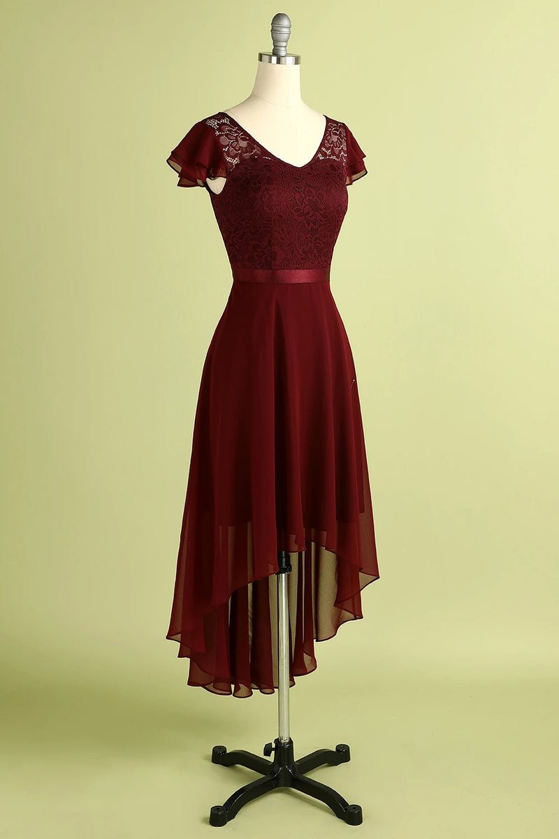High Low Short Sleeves Burgundy Bridesmaid Dress