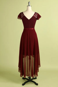 High Low Short Sleeves Burgundy Bridesmaid Dress