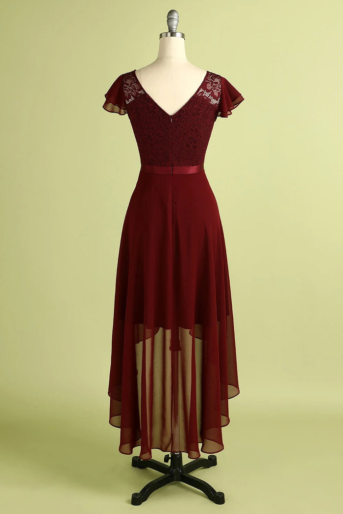 High Low Short Sleeves Burgundy Bridesmaid Dress