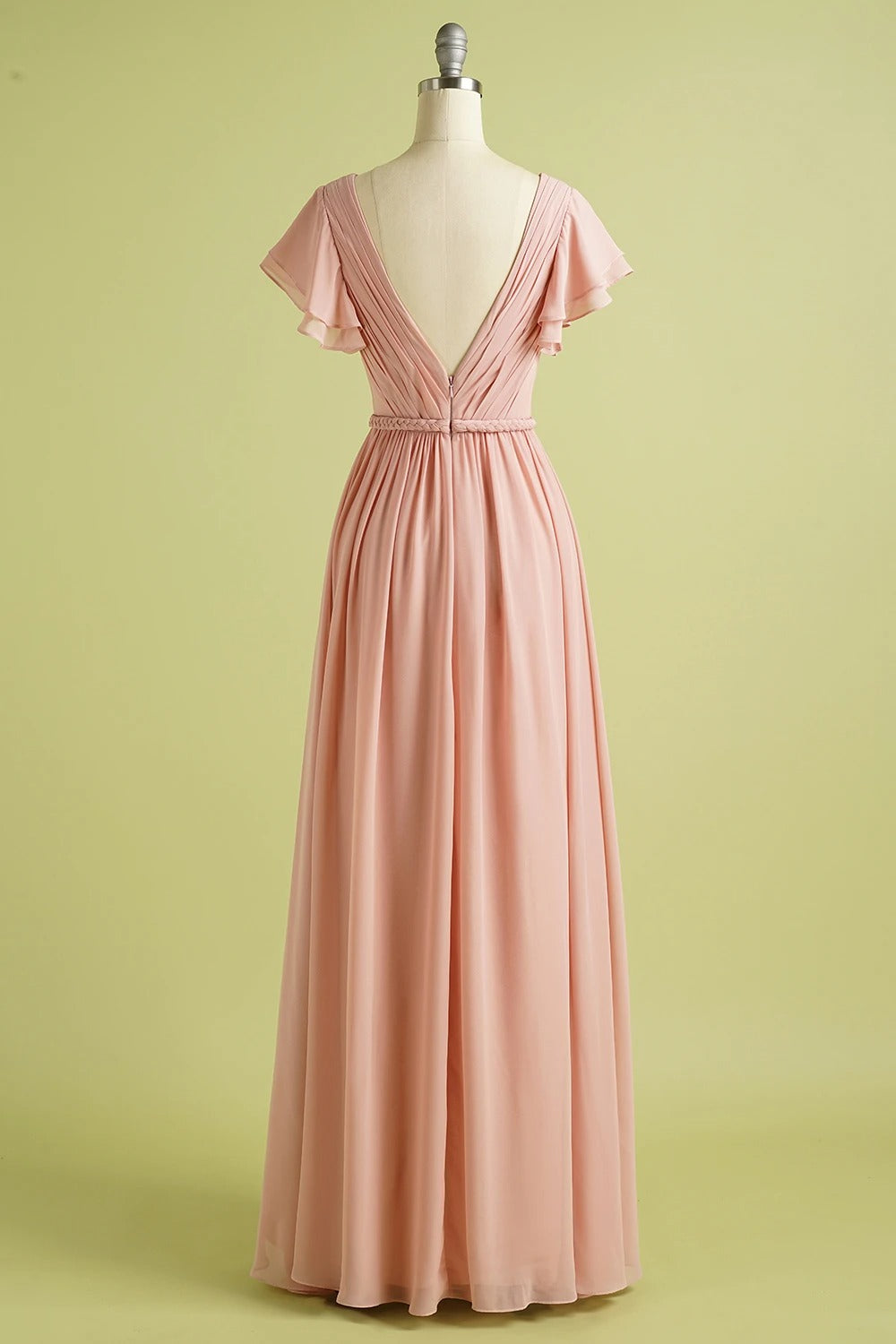 V Neck Blush Bridesmaid Dress with Flutter Sleeve