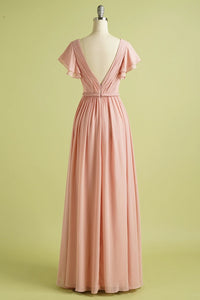 V Neck Blush Bridesmaid Dress with Flutter Sleeve