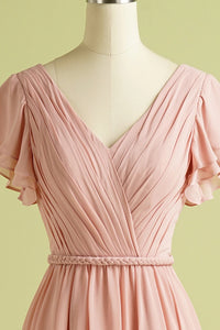 V Neck Blush Bridesmaid Dress with Flutter Sleeve