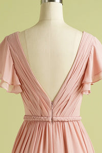 V Neck Blush Bridesmaid Dress with Flutter Sleeve