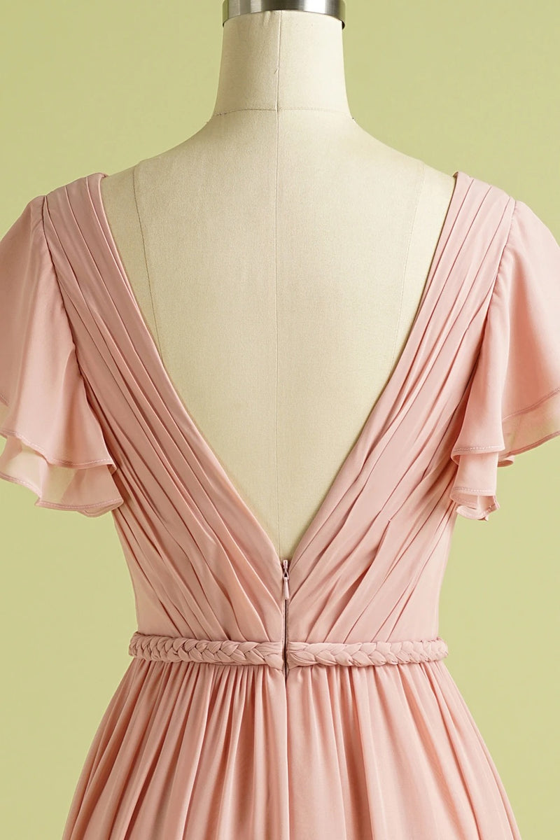 V Neck Blush Bridesmaid Dress with Flutter Sleeve