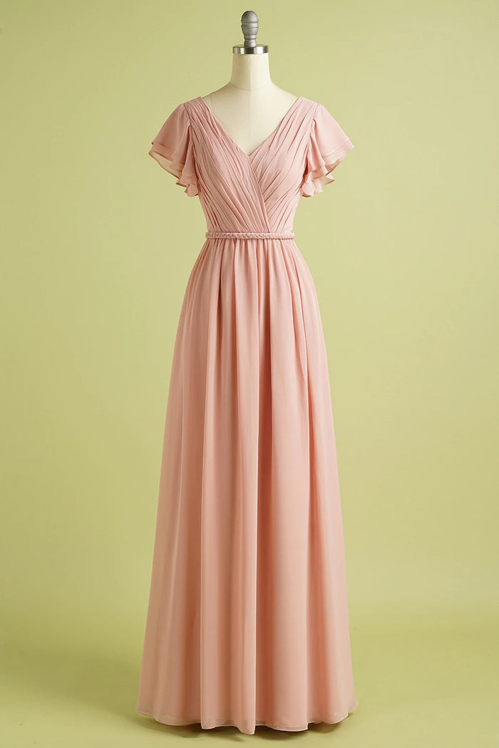 V Neck Blush Bridesmaid Dress with Flutter Sleeve