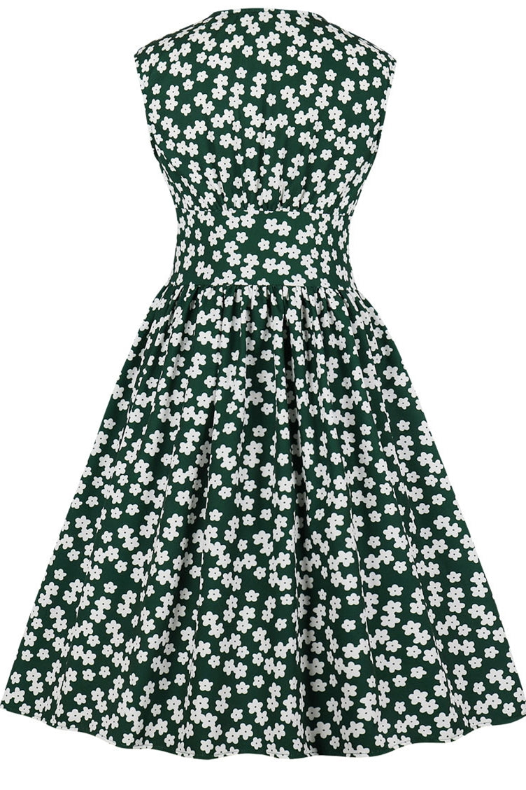 Empire Daisy Flowers Dark Green Vintage Dress