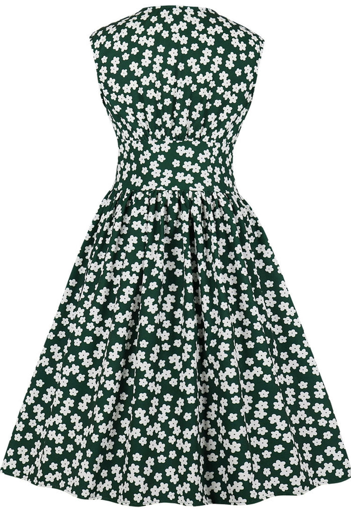 Empire Daisy Flowers Dark Green Vintage Dress