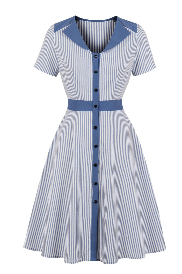 Lapel Collar 1950s Vintage Dark Green Striped Dress