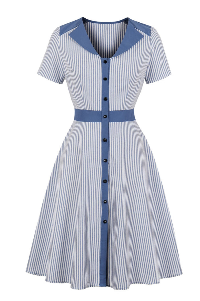 Lapel Collar 1950s Vintage Dark Green Striped Dress