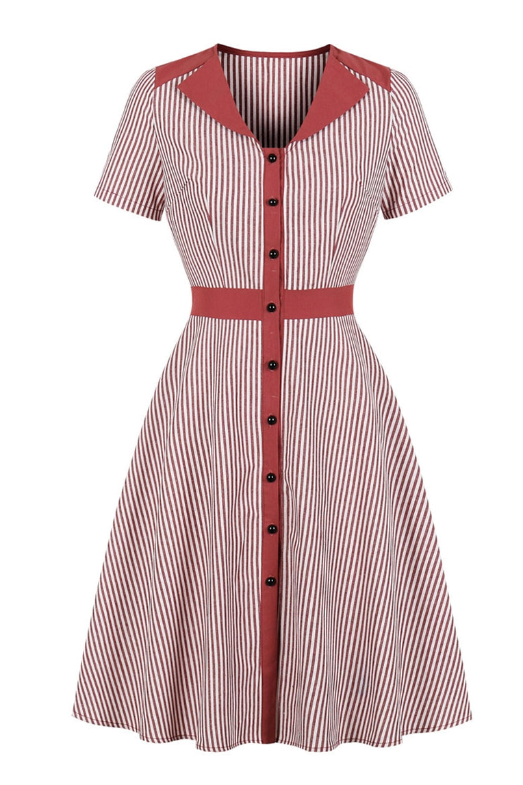 Lapel Collar 1950s Vintage Dark Green Striped Dress