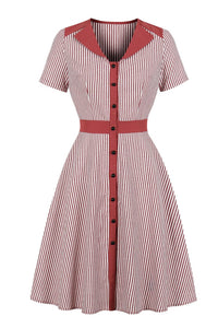 Lapel Collar 1950s Vintage Dark Green Striped Dress