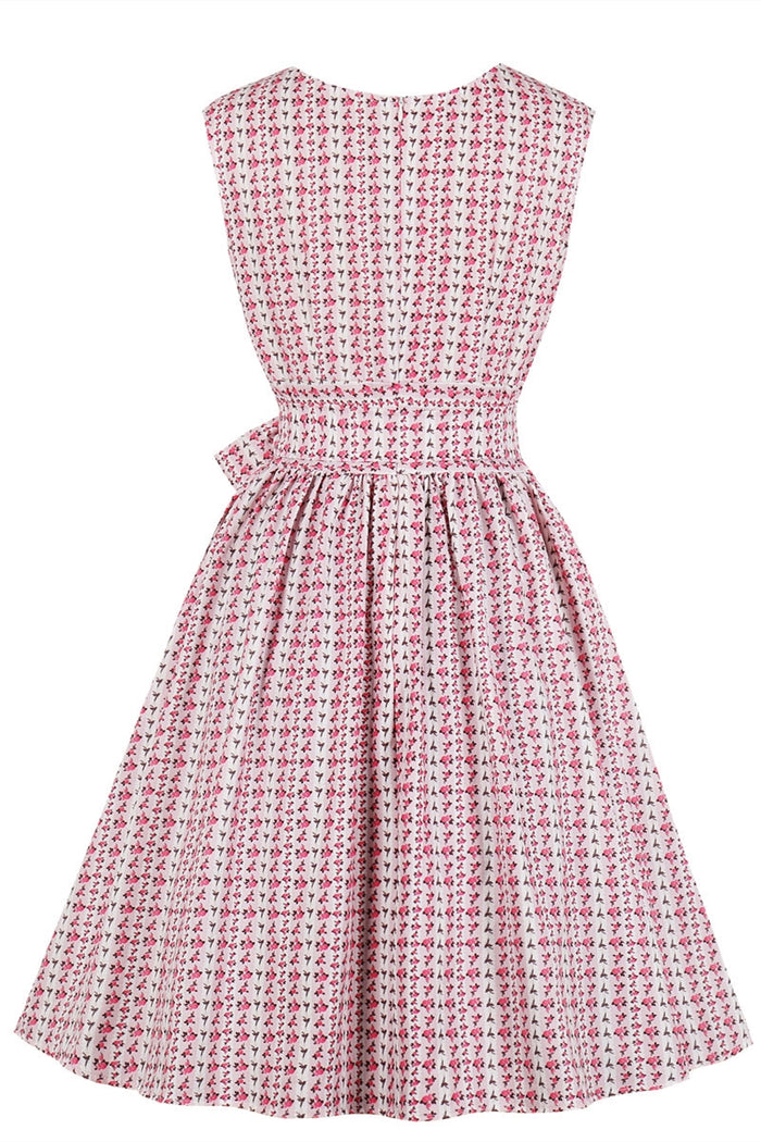 Scoop Floral Pink Short Vintage Dress with Sash