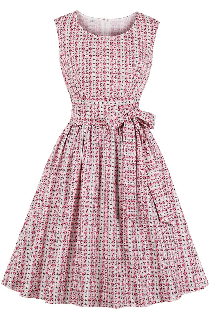 Scoop Floral Pink Short Vintage Dress with Sash