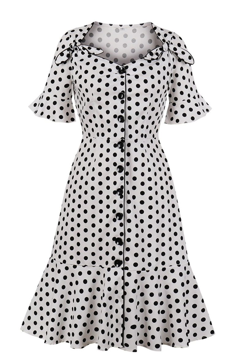 Belt Sleeves Black Dots Fitted Vintage Dress