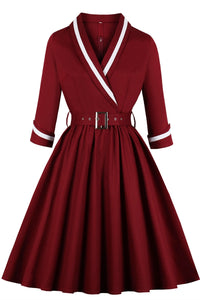 Long Sleeves Burgundy 1950s Vintage Dress