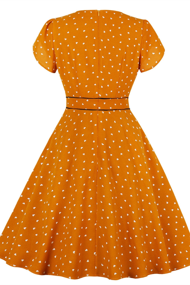 Wrap Front Heart Print Short Orange Dress