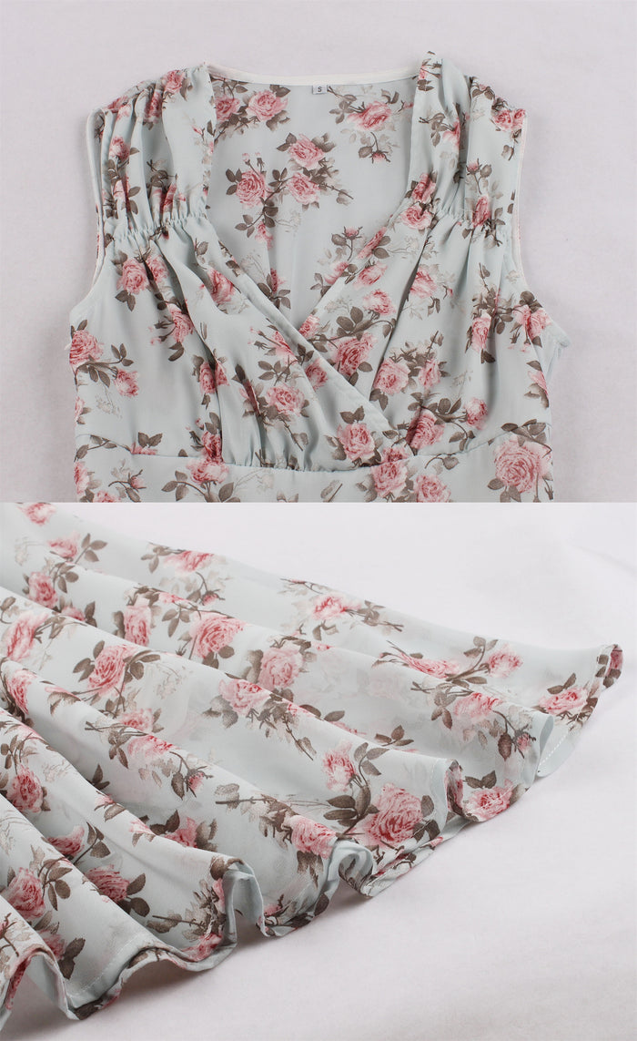 V Neck Fitted Floral Vintage Dress