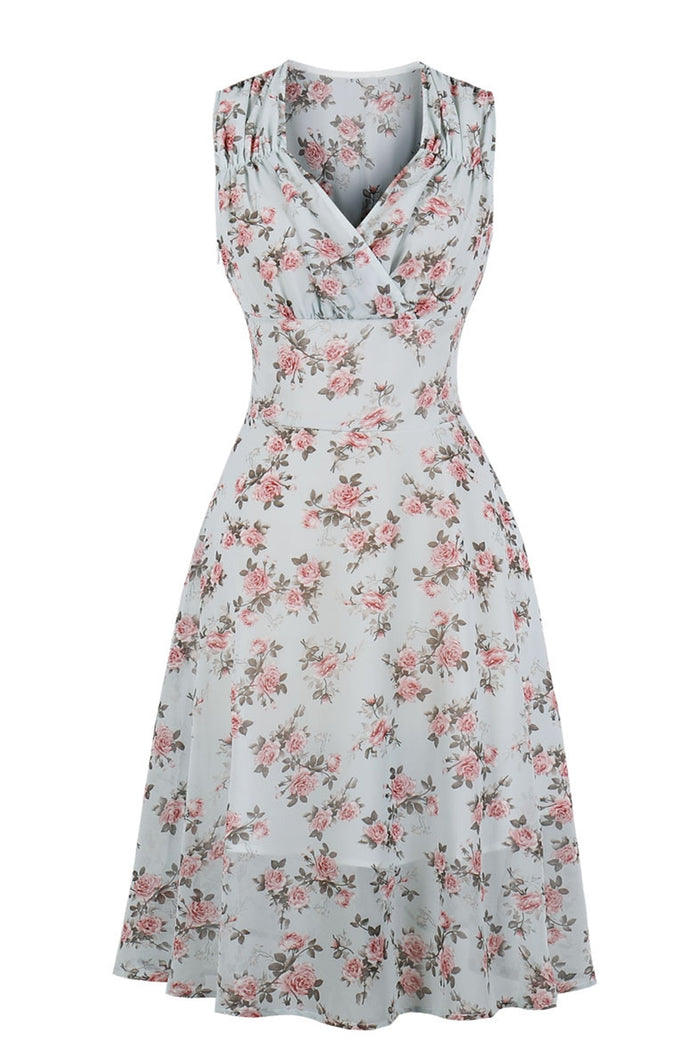 V Neck Fitted Floral Vintage Dress