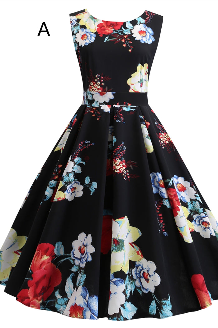Sleeveless Black Floral 50s Vintage Dress