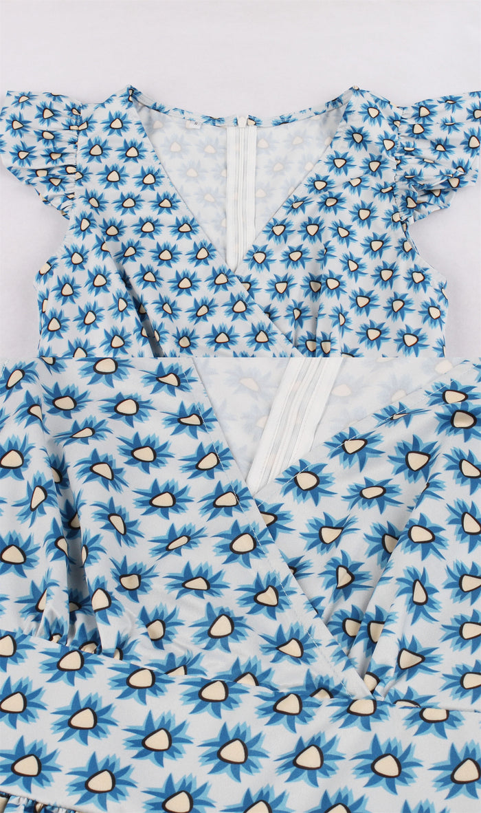 Flutter Sleeves Blue Short Vintage Dress