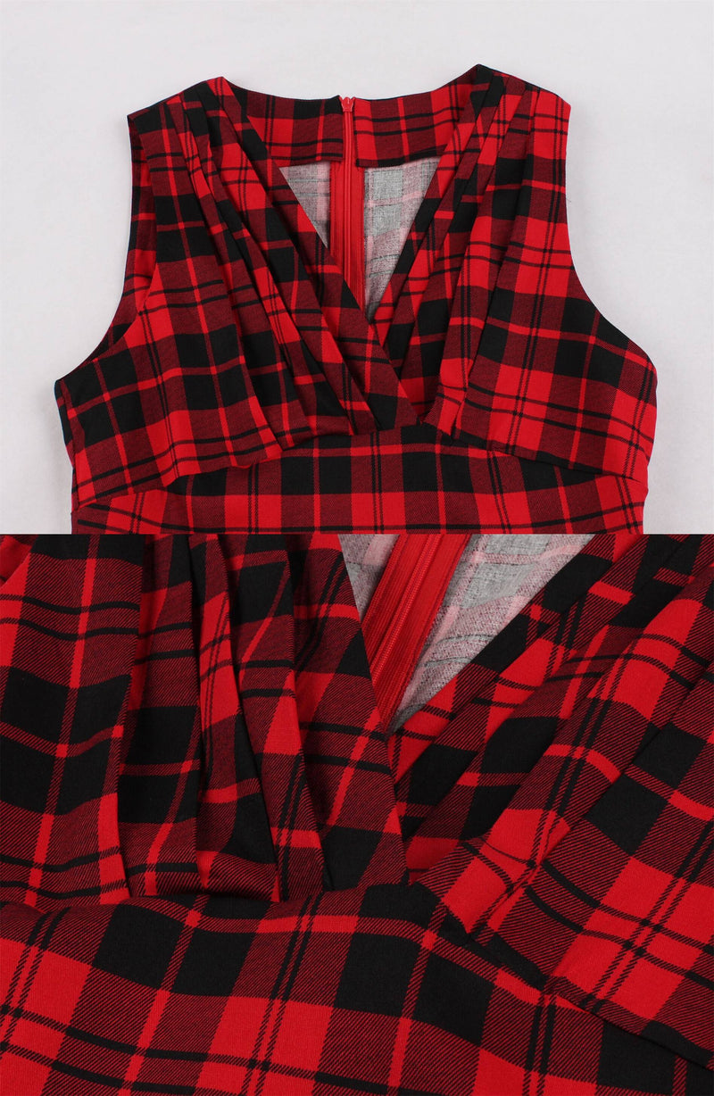 1950s Vintage Black Red Check Pleated Dress