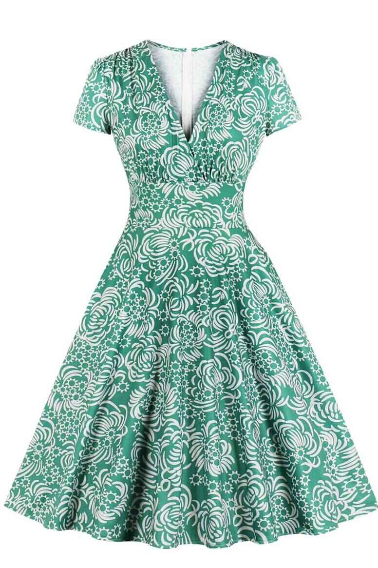 Green Flowers Print Retro Summer Dress