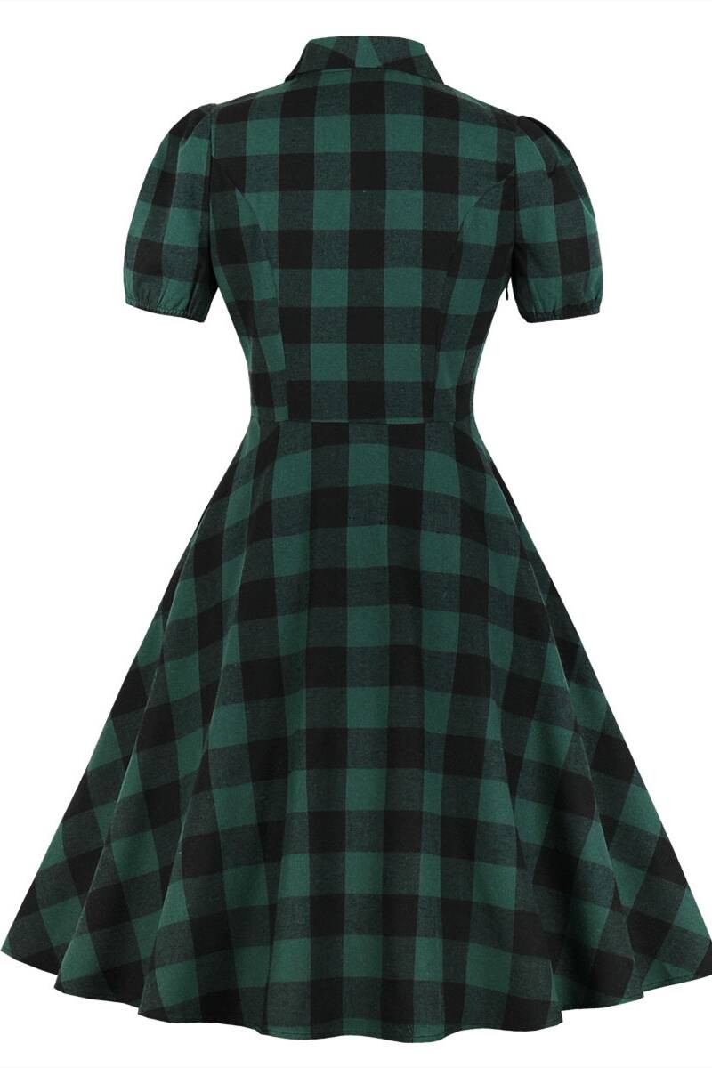 Vintage Plaid Green Dress with Puffy Sleeves