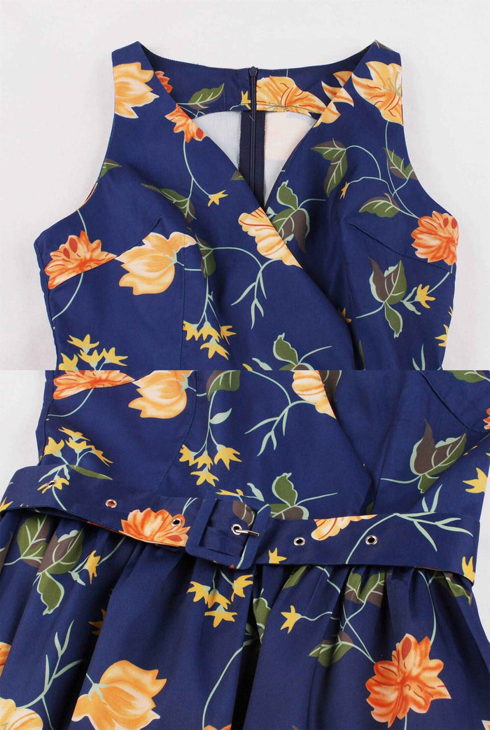 Vintage Navy Blue Floral Wrap Dress