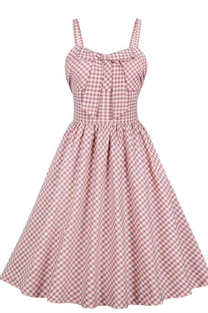 Vintage Style Pink Checked Summer Dress with Bow