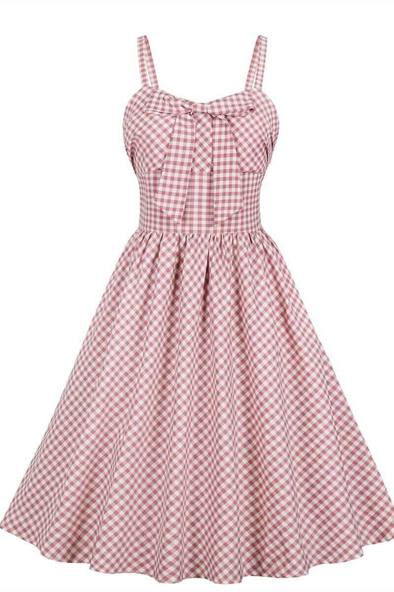 Vintage Style Pink Checked Summer Dress with Bow
