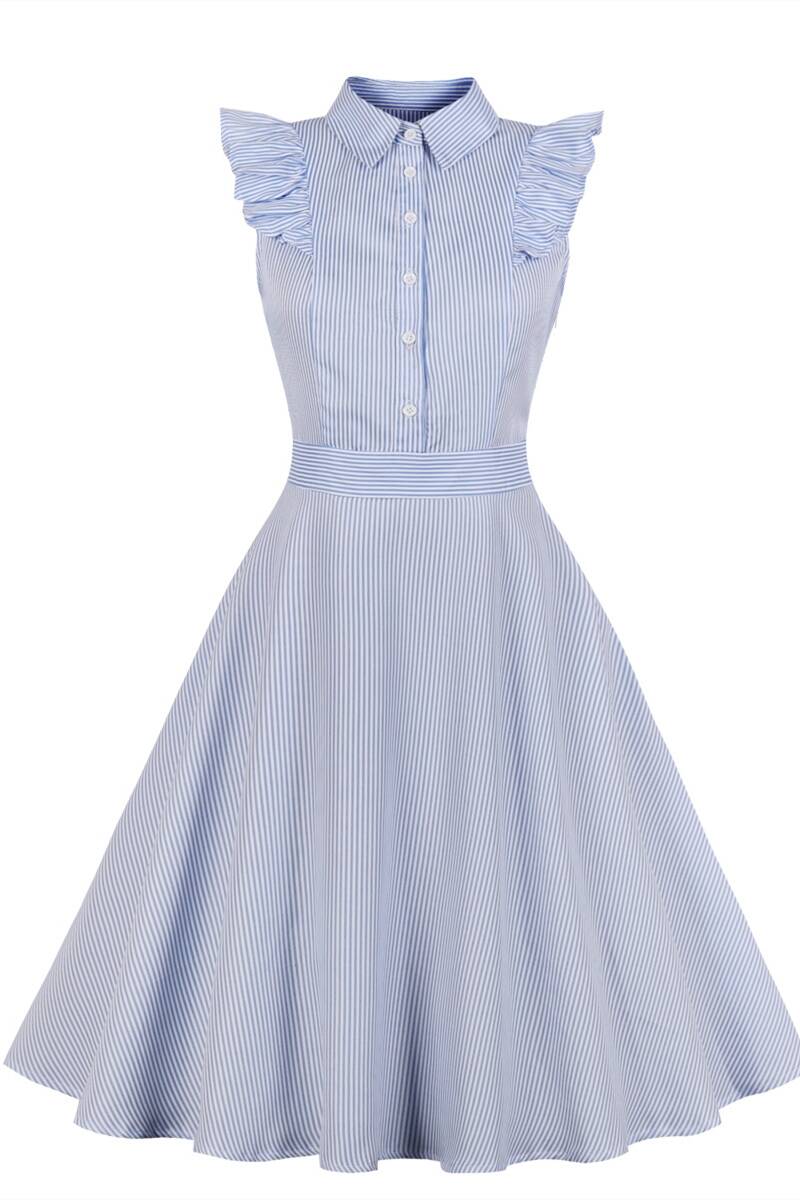 1940s Blue Ruffled Turn Down Collar A-line Dress