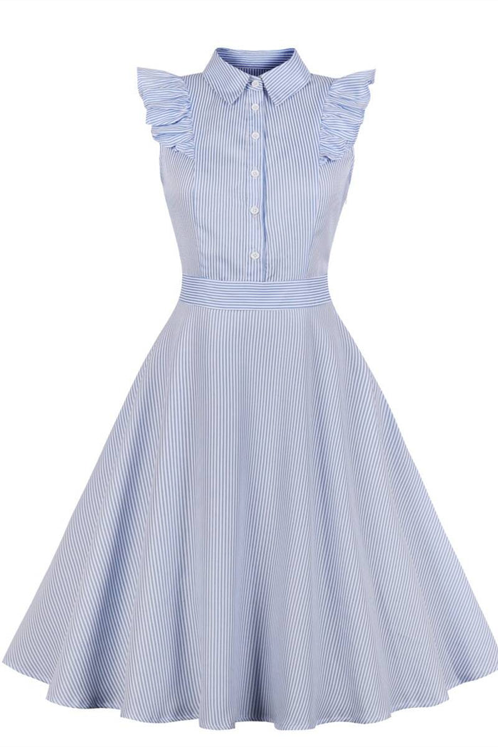 1940s Blue Ruffled Turn Down Collar A-line Dress