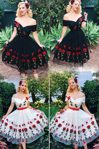 Vintage Off Shoulder Rose Embroidery Dress