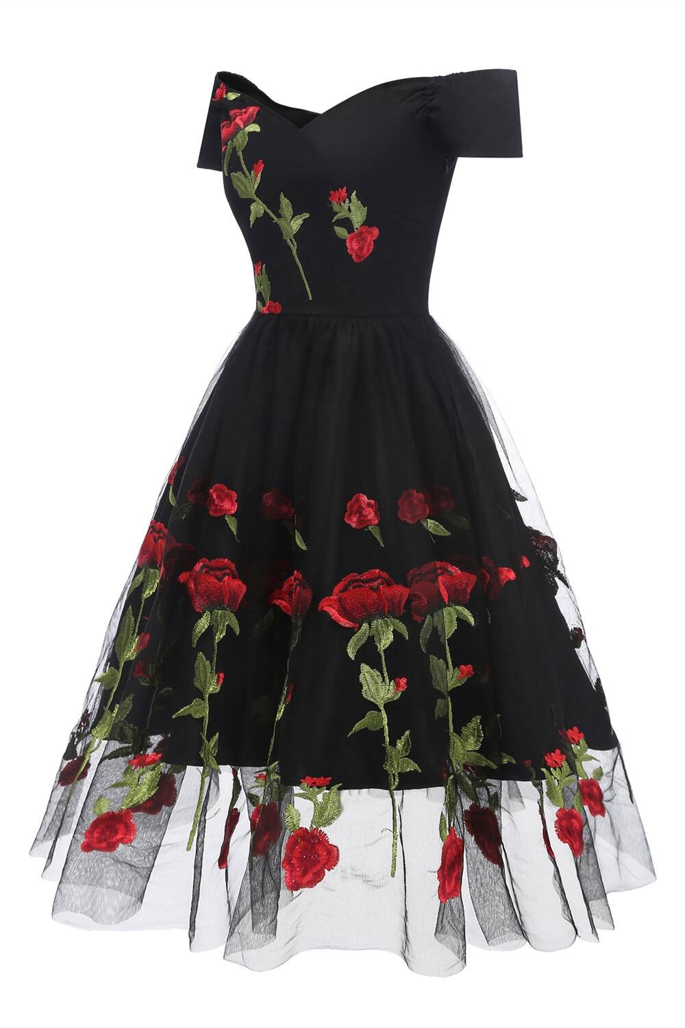 Vintage Off Shoulder Rose Embroidery Dress