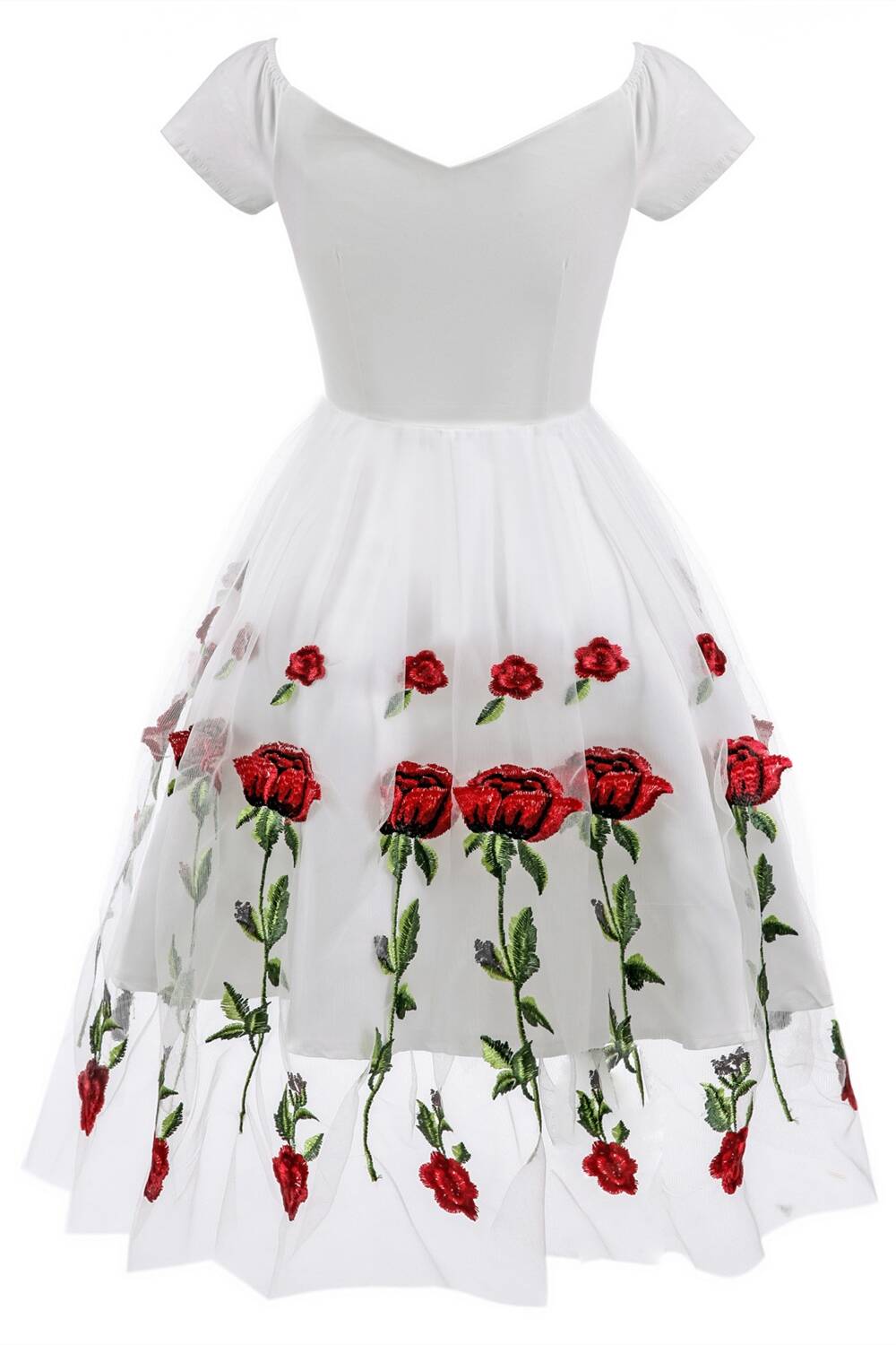 Vintage Off Shoulder Rose Embroidery Dress