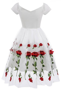 Vintage Off Shoulder Rose Embroidery Dress