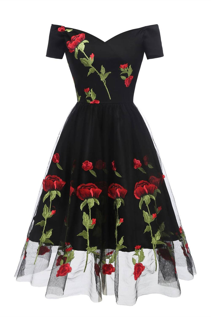 Vintage Off Shoulder Rose Embroidery Dress