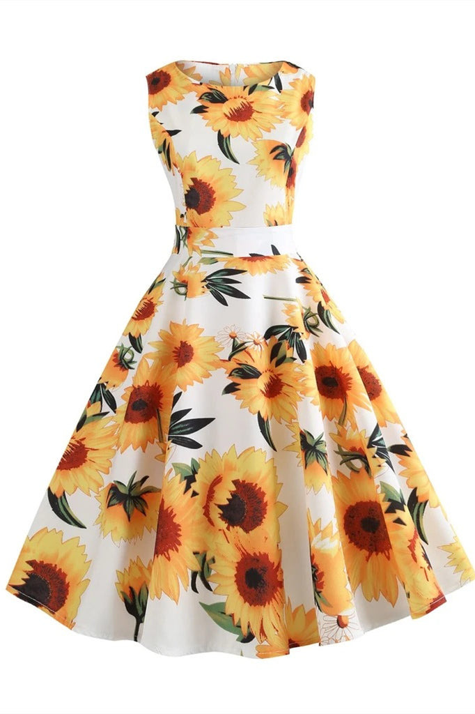 1950s Floral Yellow and White Dress