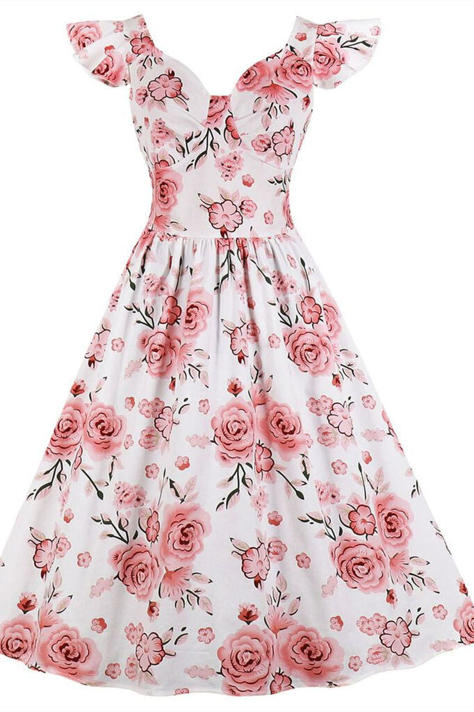 1950s Vintage Flutter Sleeves White Floral Dress