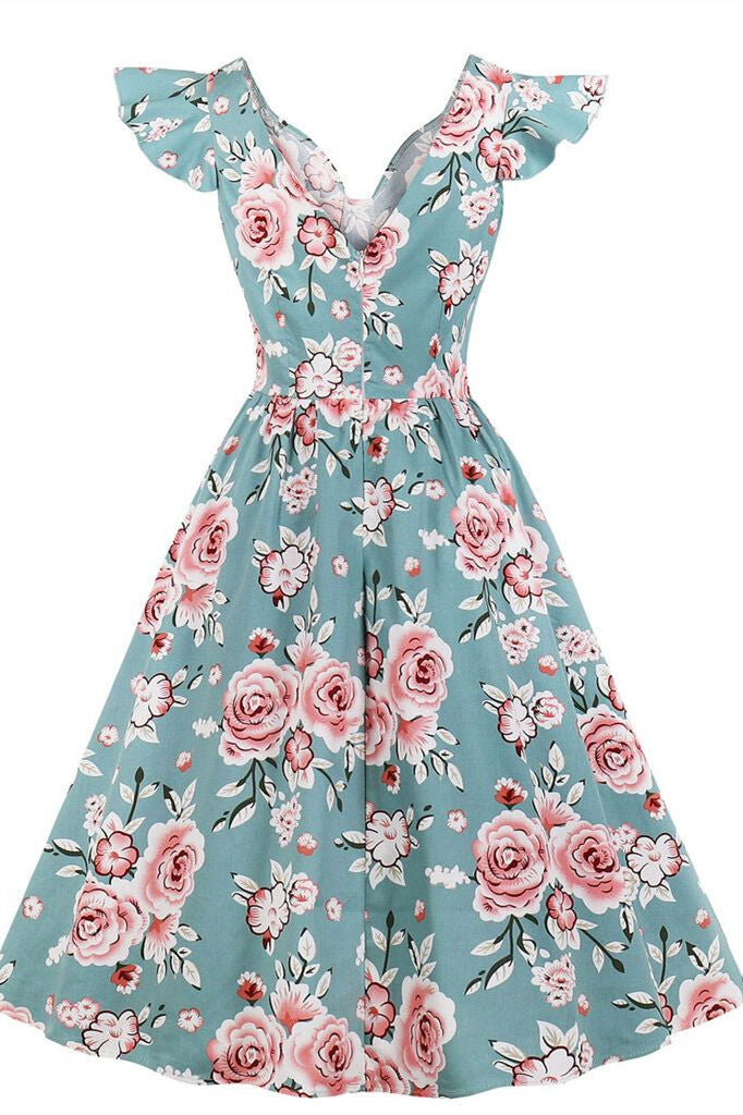 1950s Vintage Flutter Sleeves Blue Floral Dress