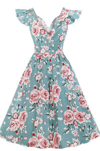 1950s Vintage Flutter Sleeves Blue Floral Dress