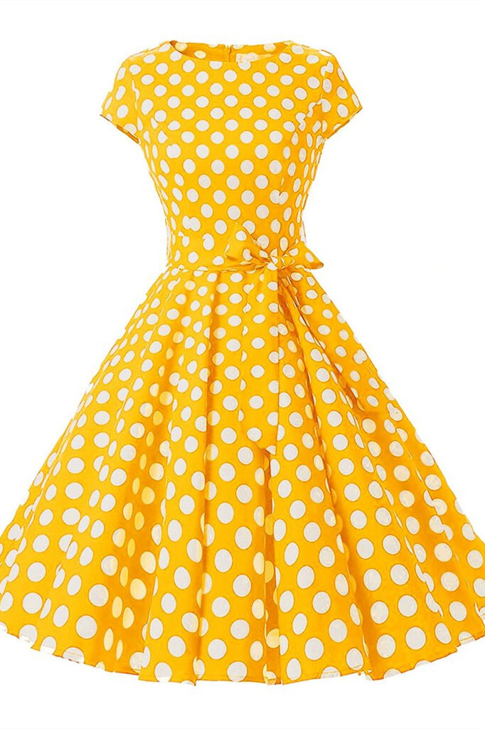 1950s Yellow Vintage Dot Belted Dress