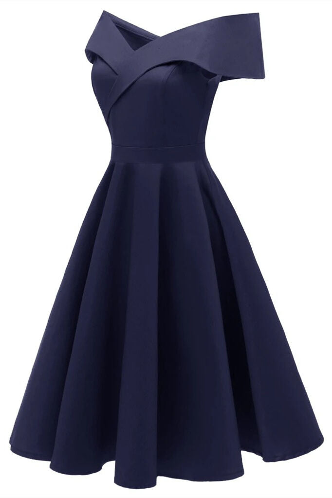 1950s Vintage Off the Shoulder Bark Blue Swing Dress