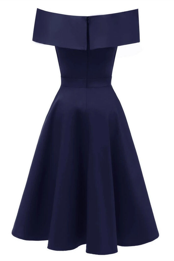 1950s Vintage Off the Shoulder Bark Blue Swing Dress